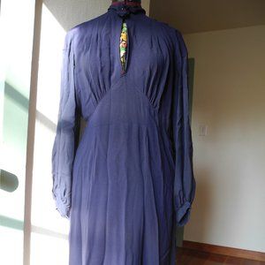 60s Navy Crepe Sheer Embroidered Stewardess Dress